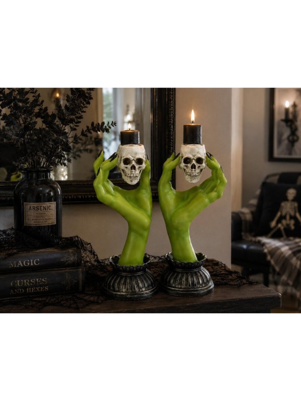 Martha Stewart Halloween Witch Hands Skulls Taper Candle Sticks Pair Holder NIB